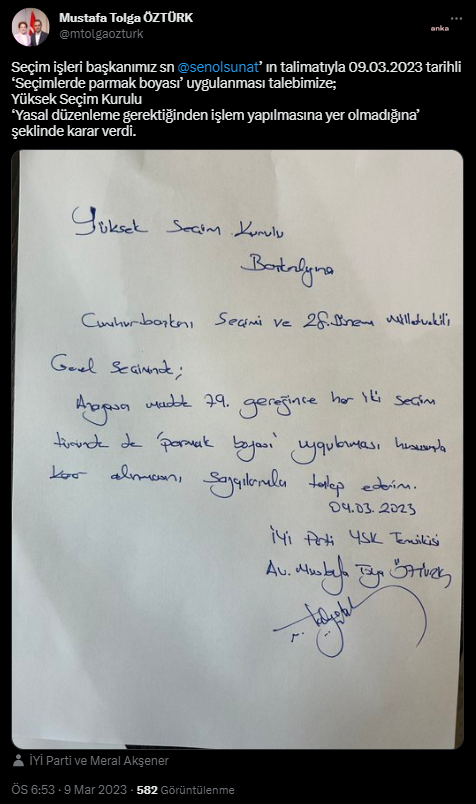 YSK, İYİ Parti’nin seçimlerde parmak boyası kullanılması talebini reddetti. 