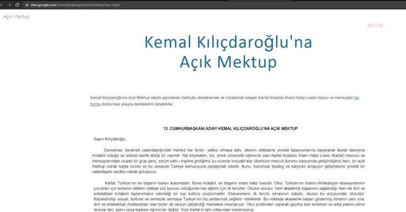 BİR GRUP KARTAL İMAM HATİP LİSESİ MEZUNUNDAN, KILIÇDAROĞLU’NA AÇIK MEKTUP: “HELALLEŞME DAVETİNİZE İCABET EDİYORUZ, 13. CUMHURBAŞKANI OLMANIZI ALLAH’TAN NİYAZ EDİYORUZ