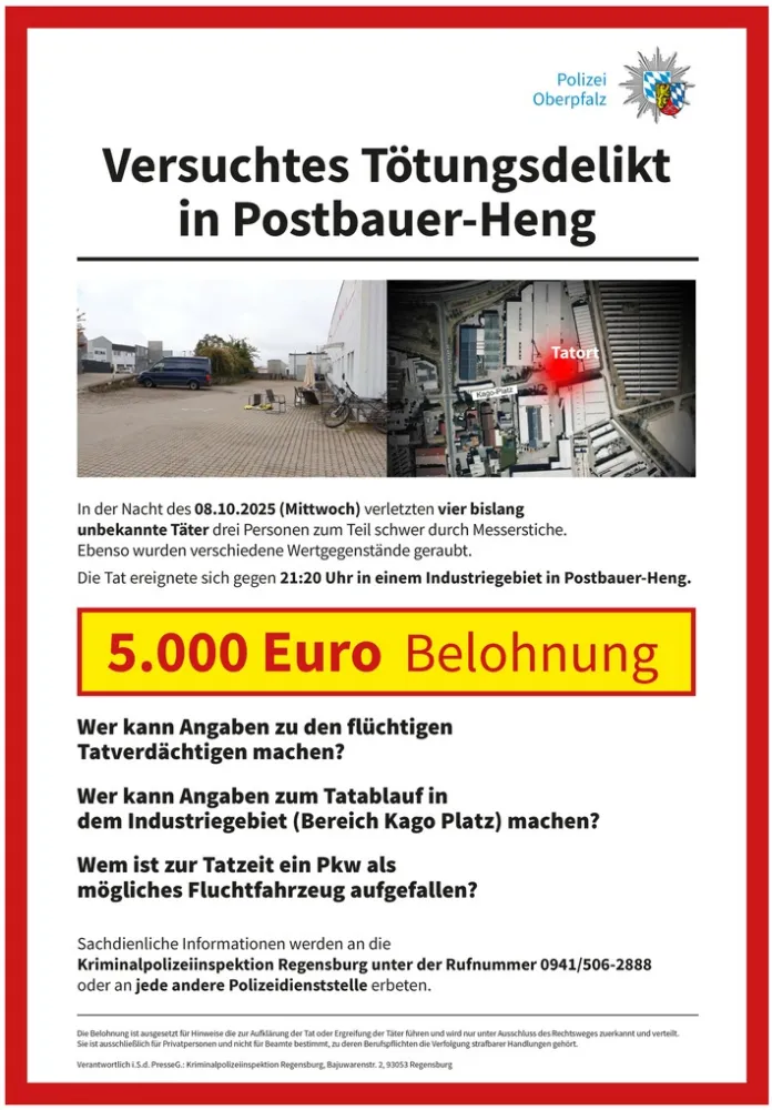 Versuchtes Tötungsdelikt in Postbauer-Heng: Kripo Regensburg sucht Täter – 5.000 Euro Belohnung ausgesetzt